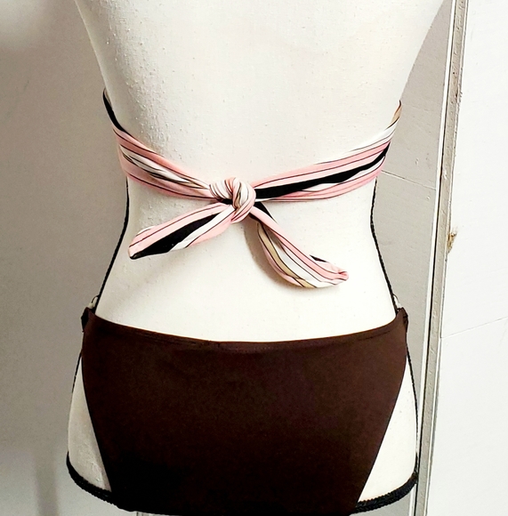Merona Women Size Small Swimsuit Bathing Bikini Set Stripe/ Solid Pink Brown - Picture 7 of 9